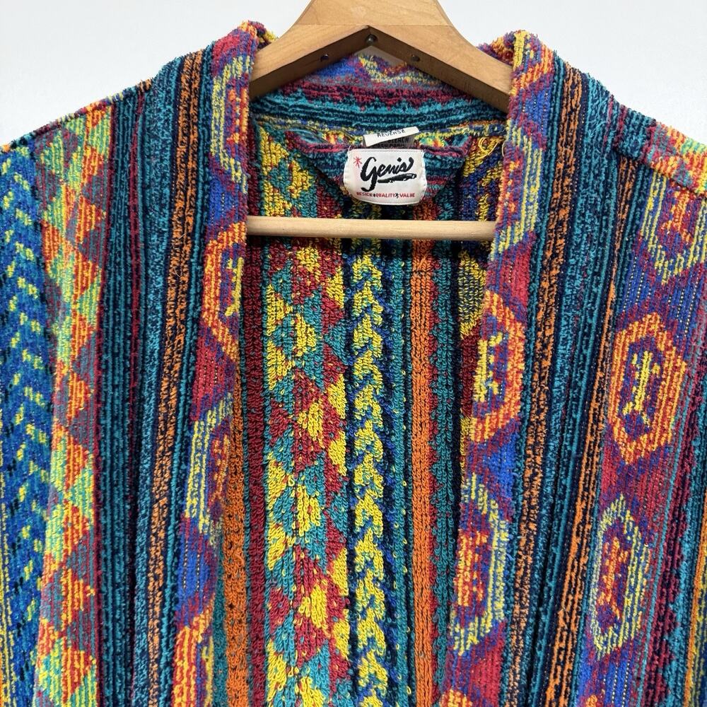Vintage 100% Cotton Woven Robe Southwestern Aztec Tribal Belted Bathrobe Unisex - Picture 2 of 7